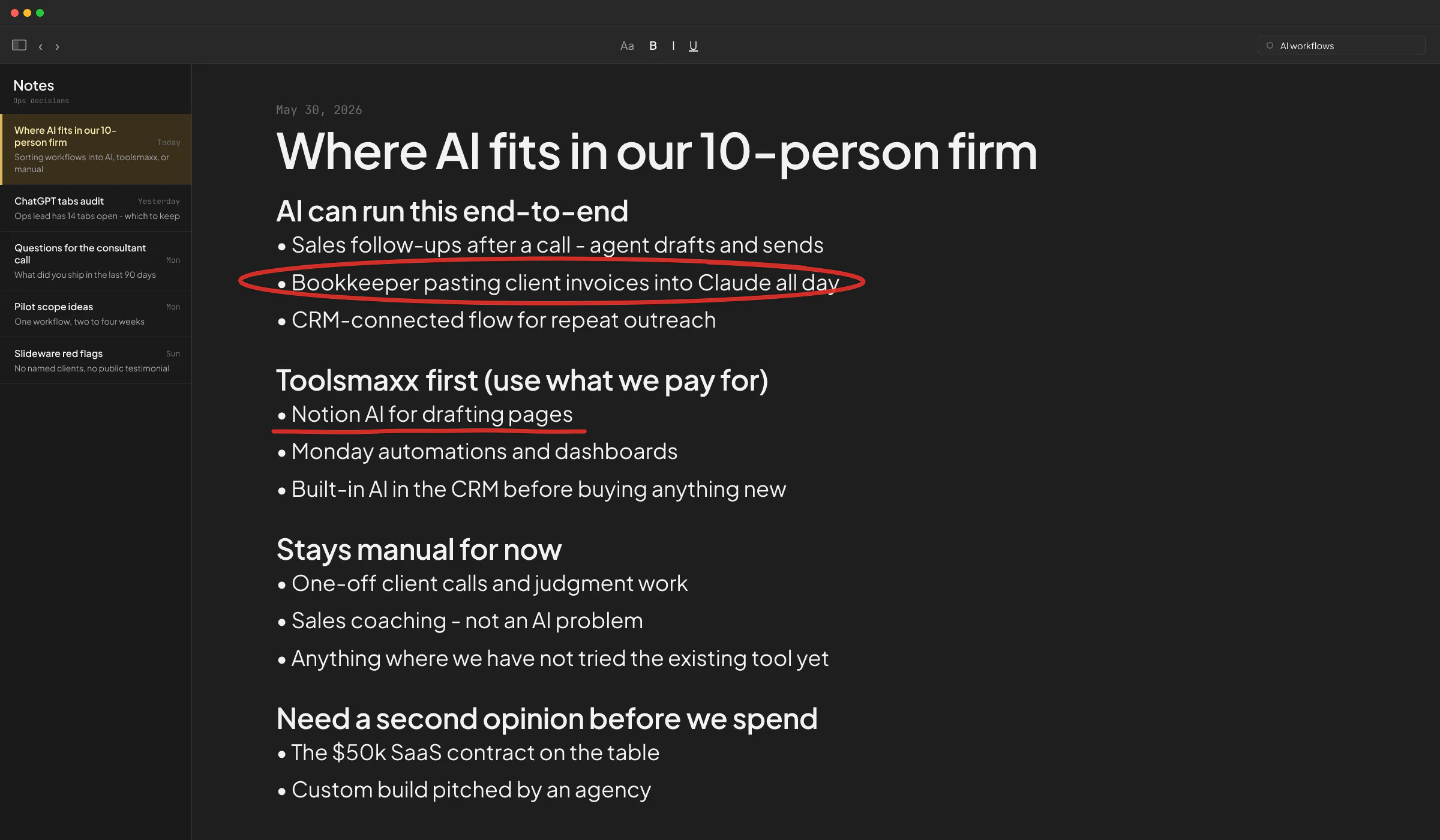 macOS Notes decision log for a 10-person B2B firm sorting workflows into AI, toolsmaxxing, or manual - the 'invoice pasting into Claude' bullet is circled as the workflow the article says triggers ...