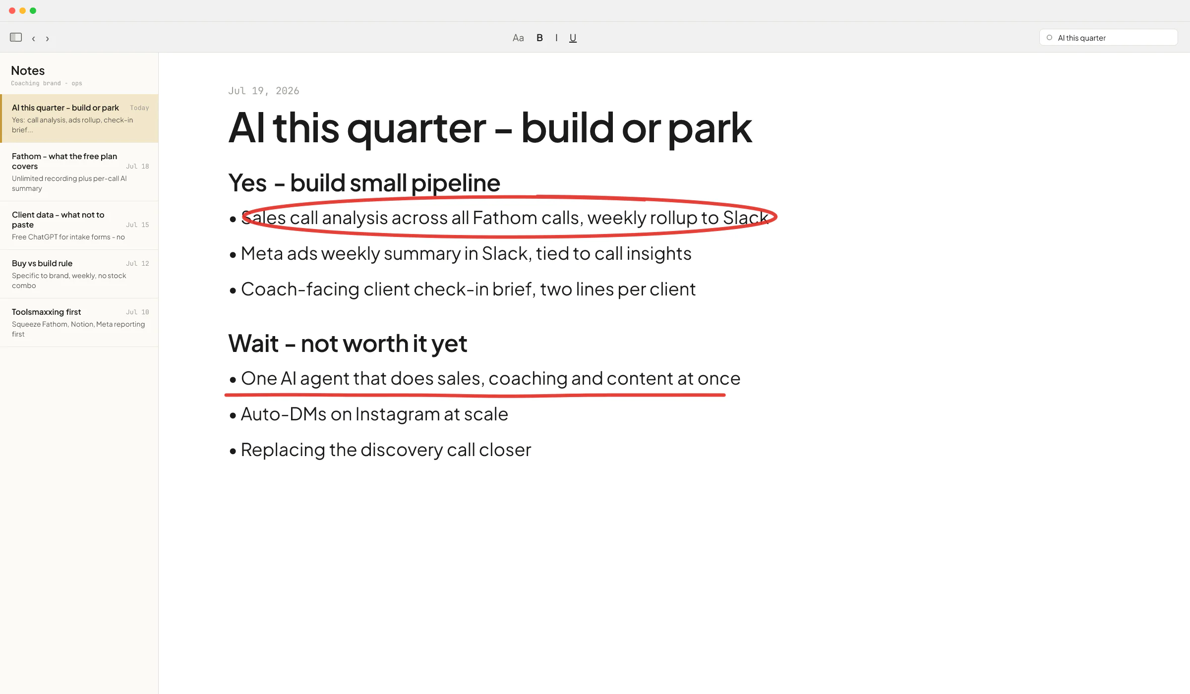 Notes page titled 'AI this quarter - build or park' for an online coaching brand, with sales call analysis circled as a yes and the all-in-one AI agent underlined as a park item.
