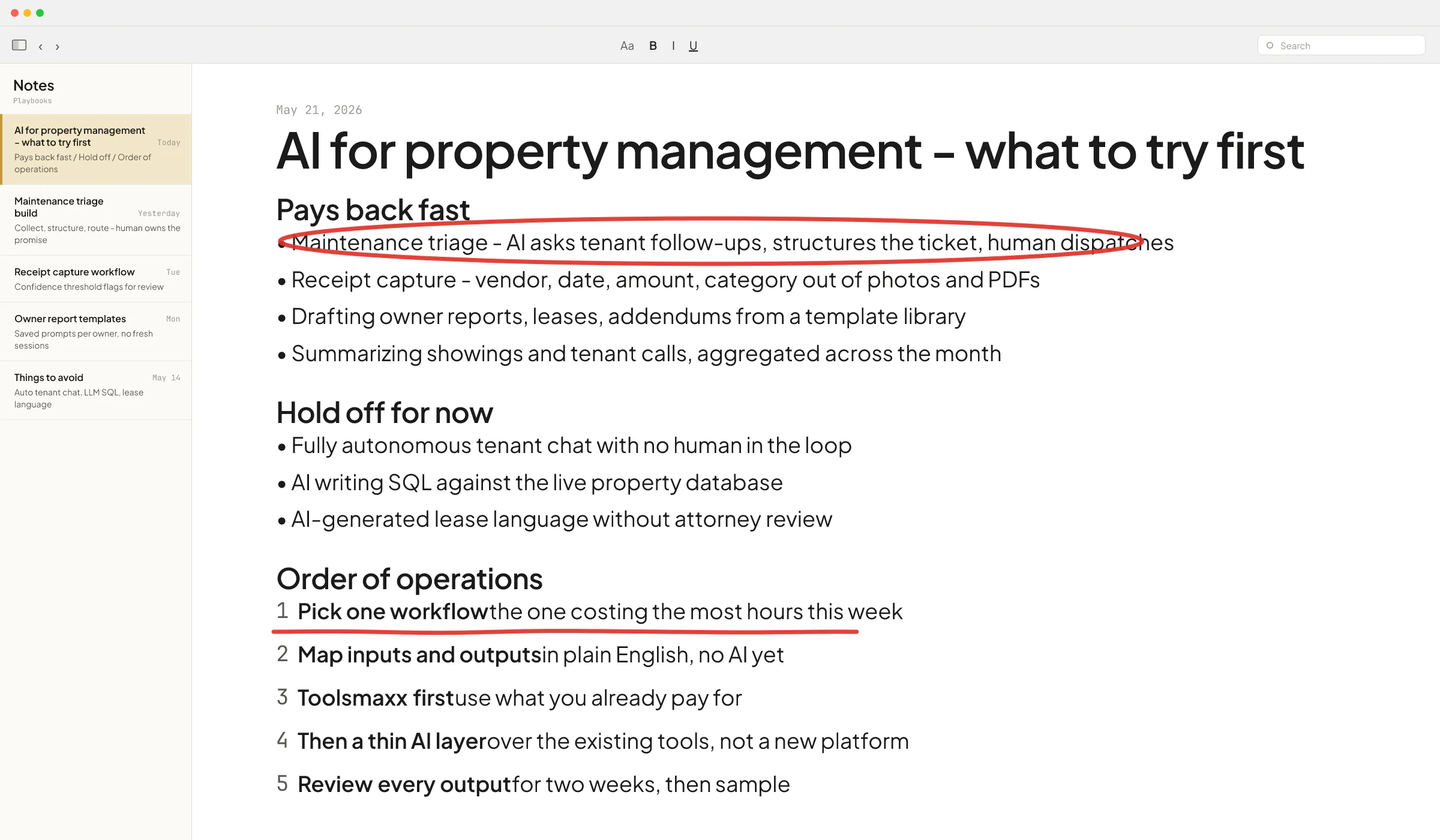 macOS Notes list of AI for property management companies tasks to automate first vs hold off, with maintenance triage circled as the highest-value first project.