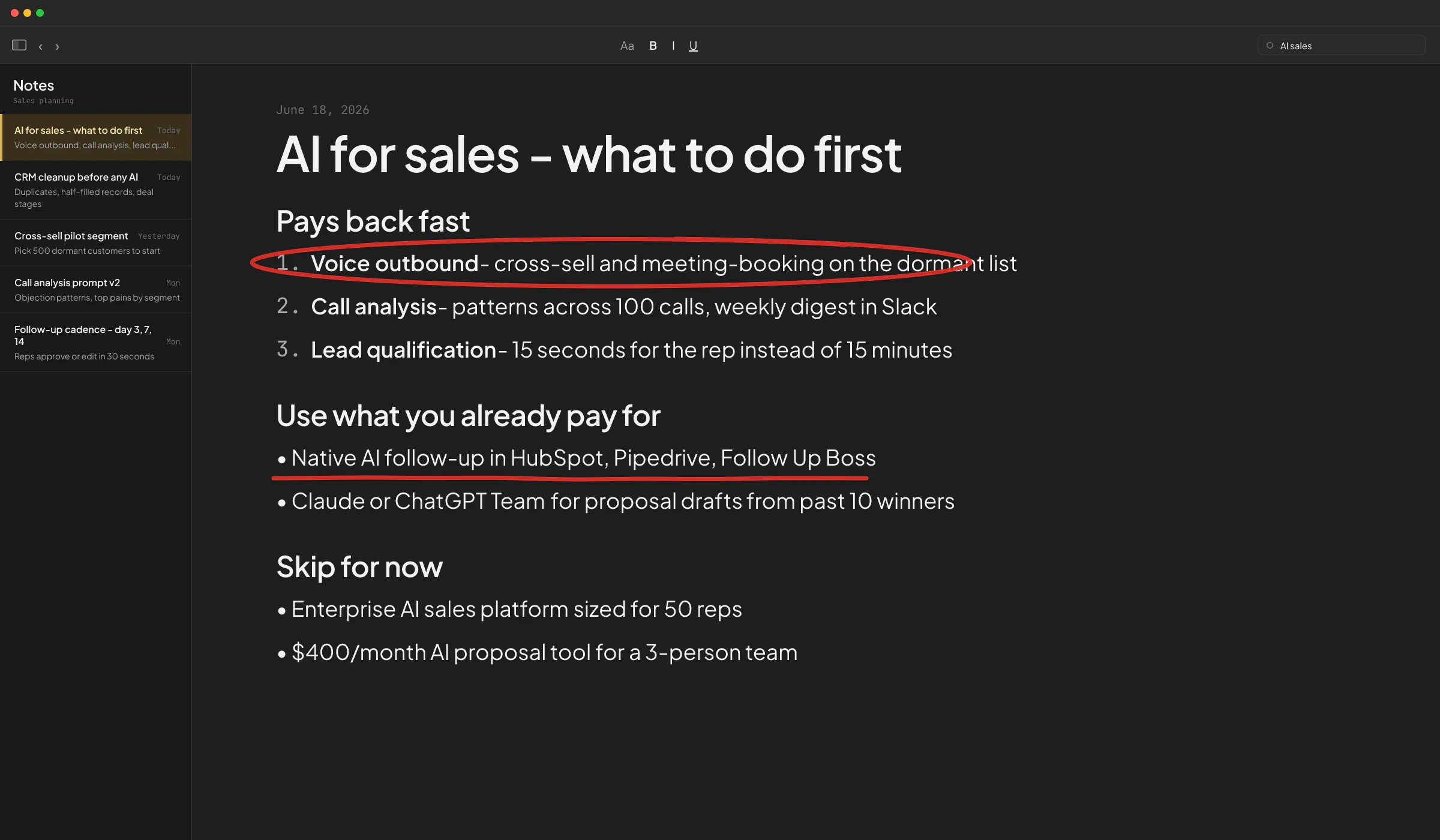 macOS Notes decision log ranking which sales jobs AI takes first for a small B2B team, with voice outbound circled at the top and proposal drafting crossed out at the bottom.