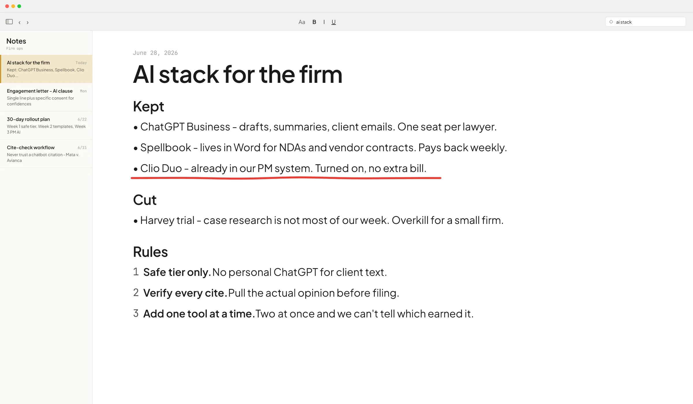 macOS Notes decision log titled 'AI stack for the firm' with a kept/cut column - Harvey trial cut is circled, the one legal tool the article says most solos don't need.