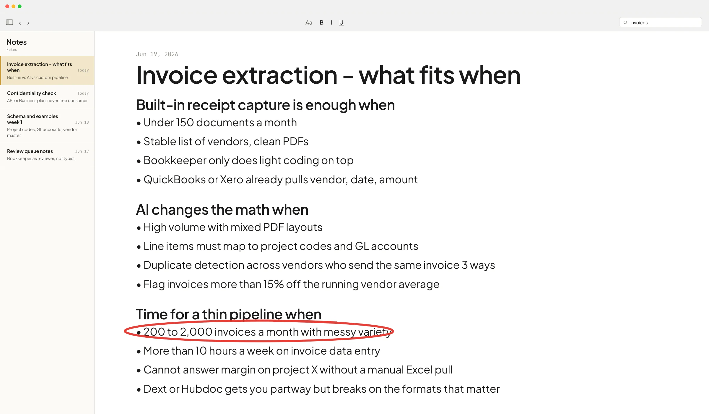 macOS Notes decision log on invoice extraction, with the 200 to 2,000 invoices a month line circled - the volume band where a thin AI pipeline starts paying back over QuickBooks receipt capture.