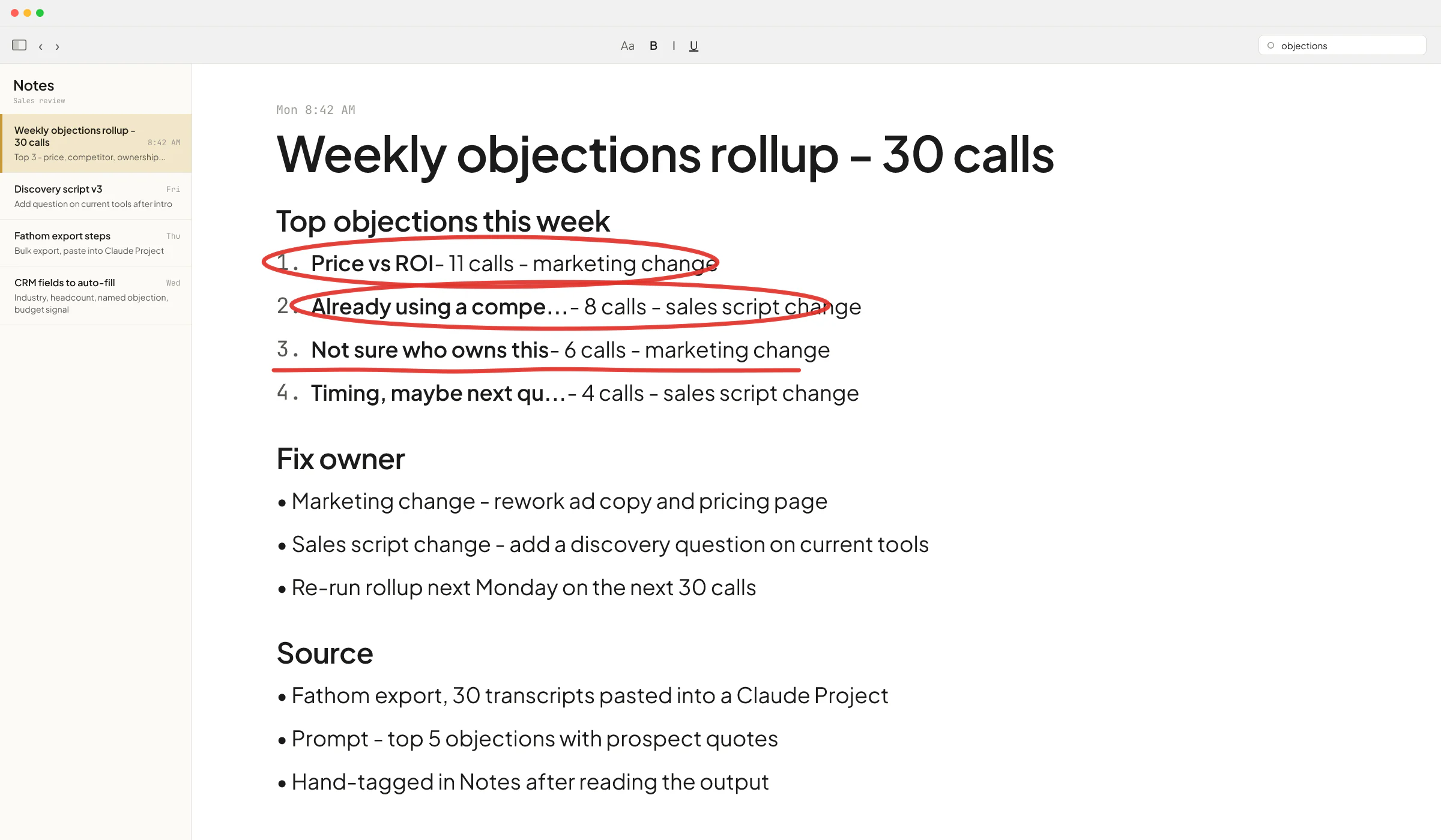 macOS Notes weekly objections rollup pasted from Claude across 30 sales calls, top 3 objections circled, each tagged as a marketing fix or a sales script fix.