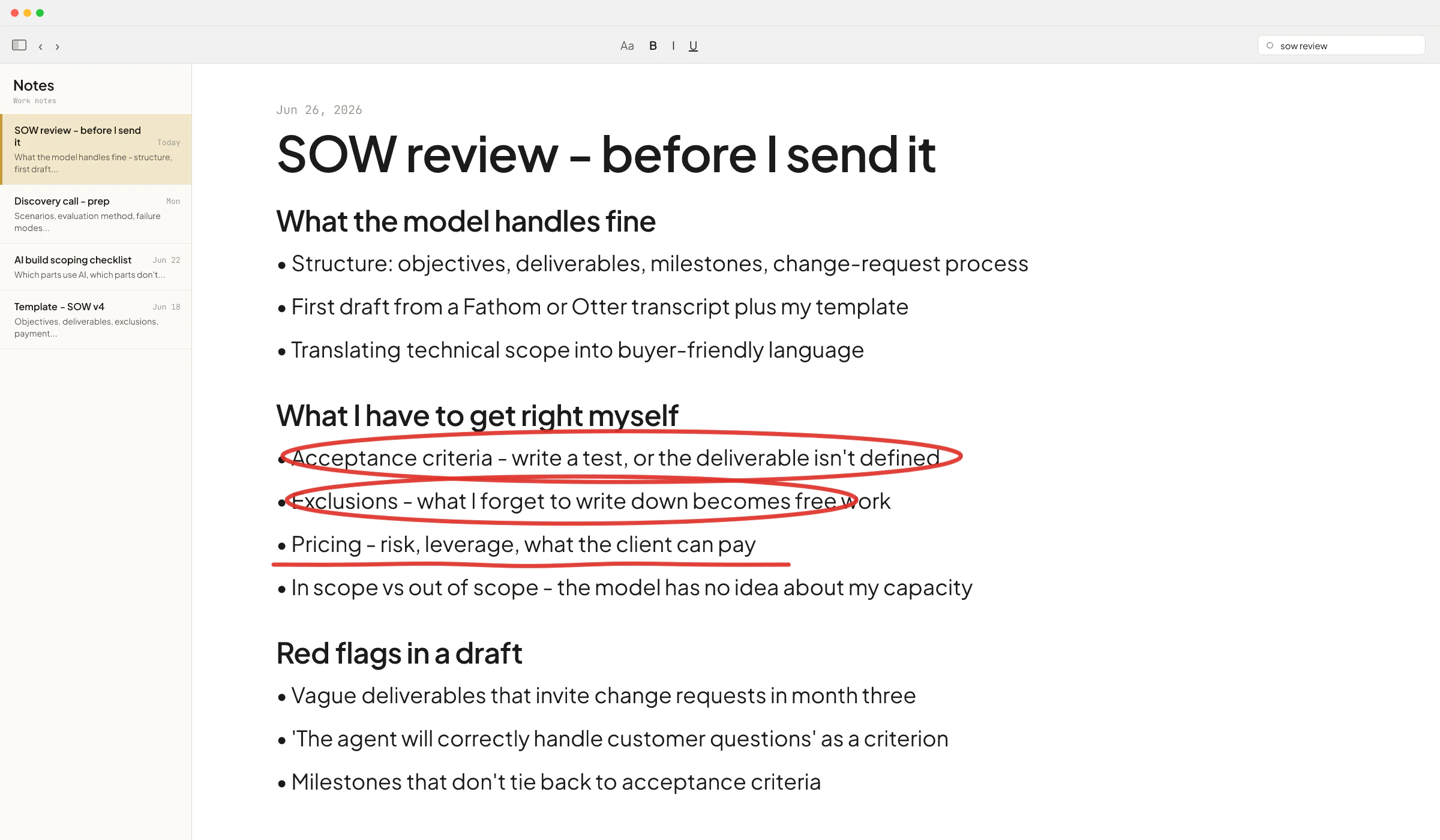 macOS Notes checklist titled 'SOW review - before I send it', with the acceptance criteria, exclusions, and pricing bullets circled in red - the inputs an AI scope of work generator can't get right...