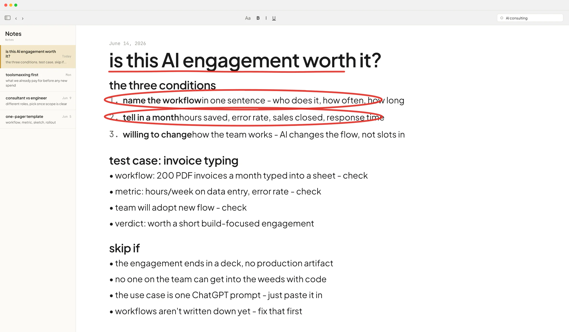 macOS Notes decision log titled 'is this AI engagement worth it?' with the three go/no-go conditions checked for a real workflow - the gate the article puts before any AI consulting spend.