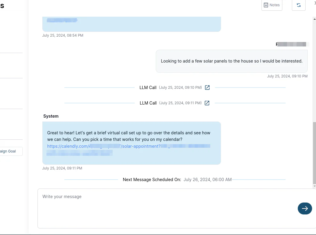 An SMS thread where a lead expresses interest in solar panels and the agent replies with a personalized Calendly booking link