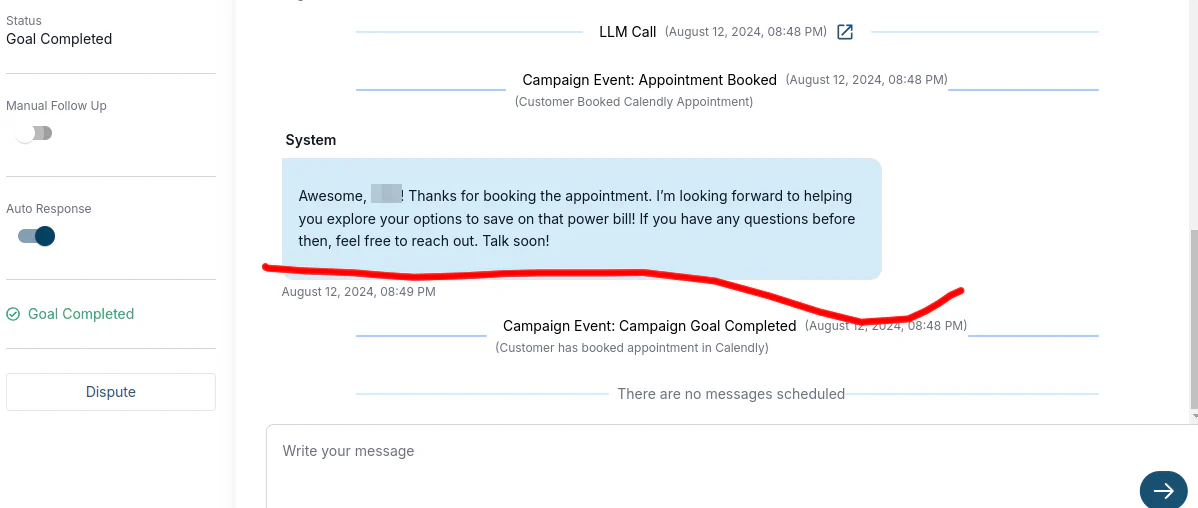 The same conversation after booking, showing the appointment booked event and the campaign goal completed