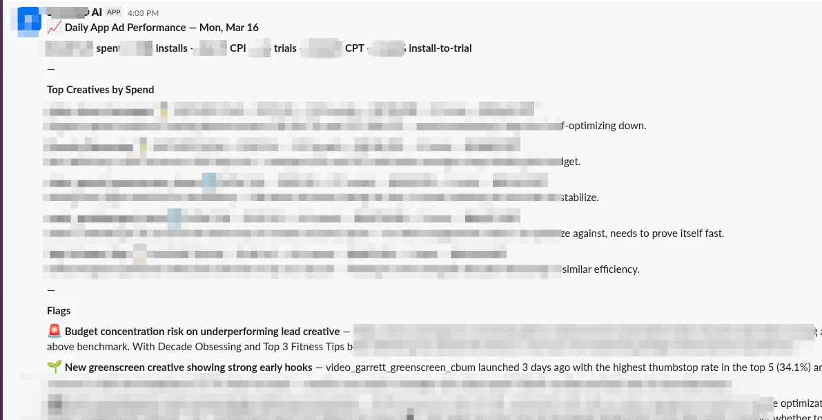 A Slack daily ad performance report listing top creatives by spend and flagging budget risks