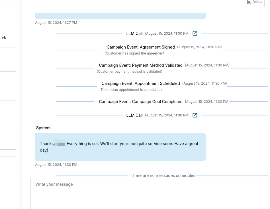 SMS thread showing the AI agent confirming a booked mosquito service, with campaign events logged beside it