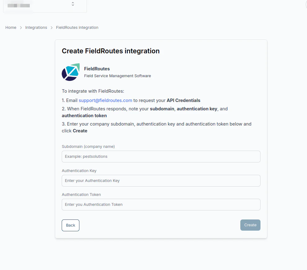 Setup screen for the FieldRoutes CRM integration asking for subdomain, authentication key and token