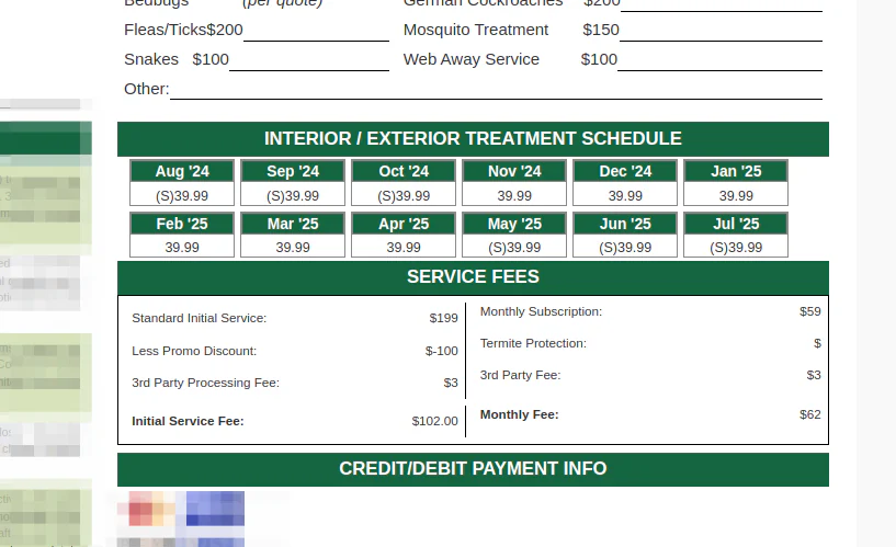 A pest control service agreement showing the treatment schedule, service fees and payment section