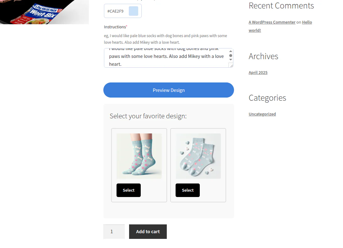 A WooCommerce product page where a customer's typed description has produced two AI sock design options to choose between