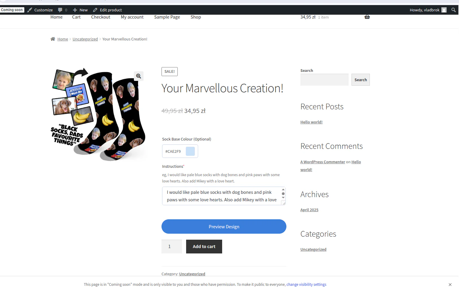 The live product page with the design instructions box and Preview Design button above the add-to-cart control