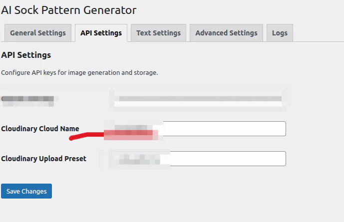 Plugin admin settings showing API key, Cloudinary cloud name and upload preset fields