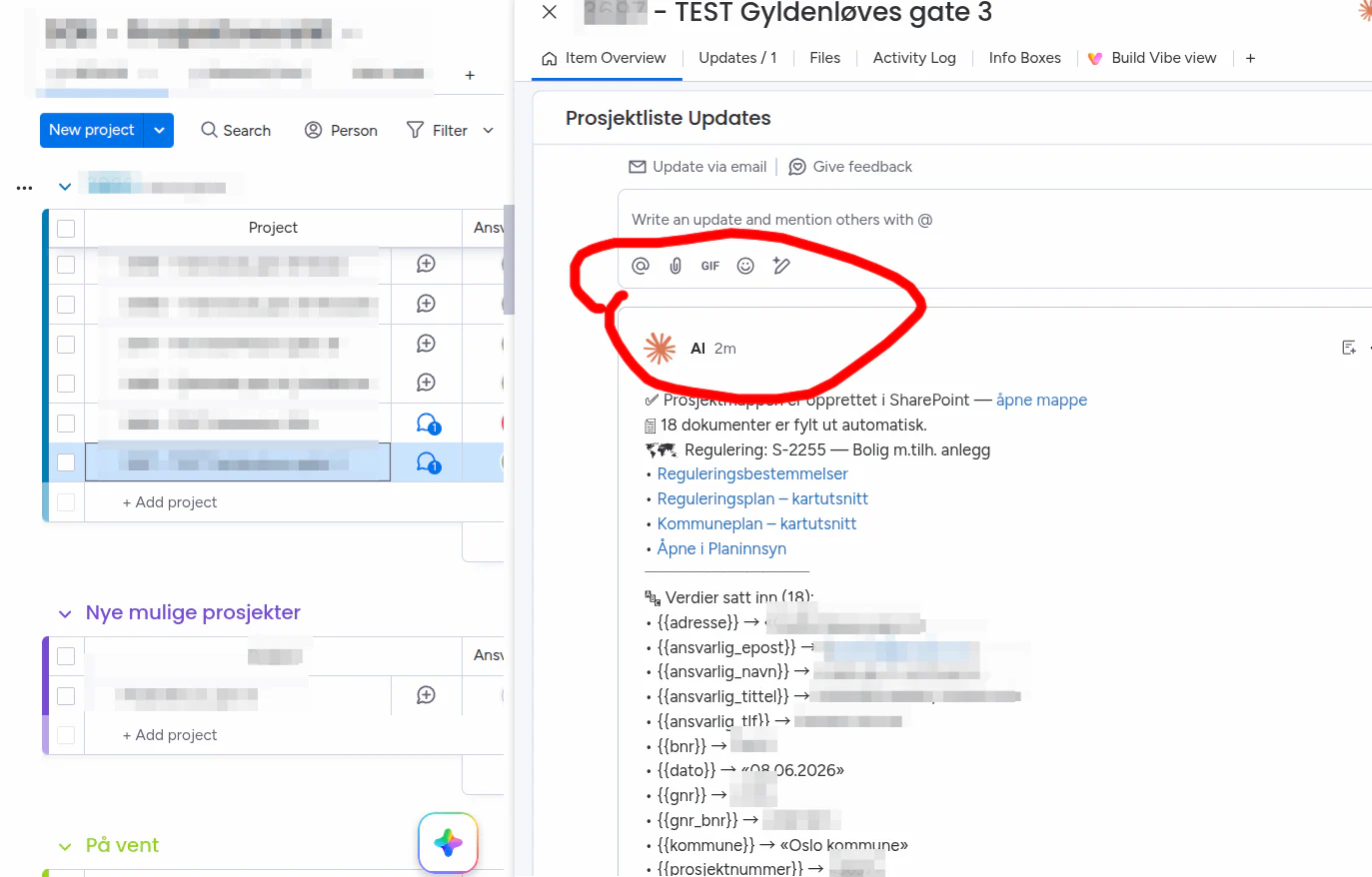 A Monday.com project item where an AI agent has posted an update listing the SharePoint folder it created and the 18 documents it filled