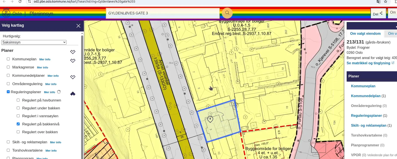 Oslo municipality zoning map showing regulation plans and property details for a specific address