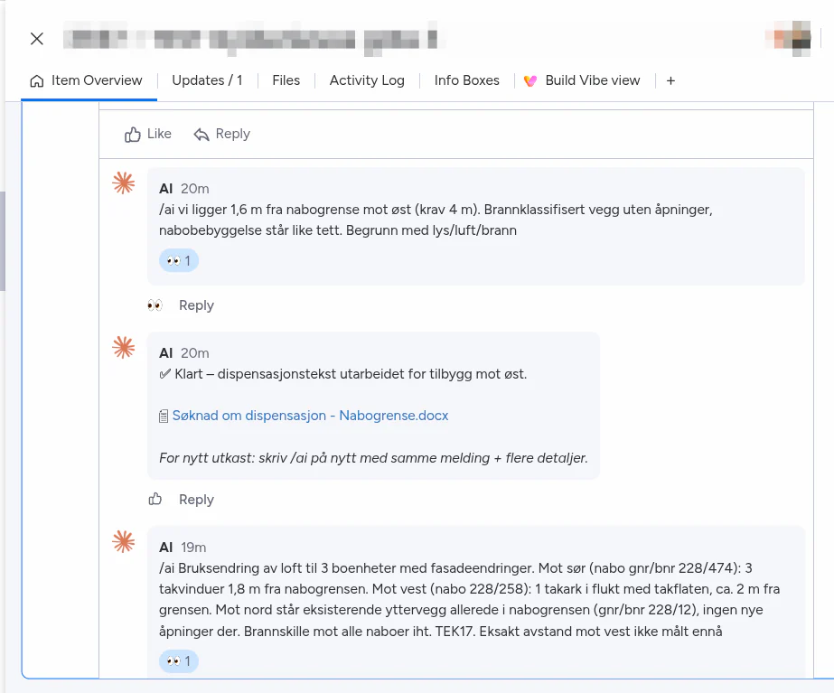 The AI answering a Norwegian building-law question about boundary distance and fire-classified walls, then producing a dispensation application document