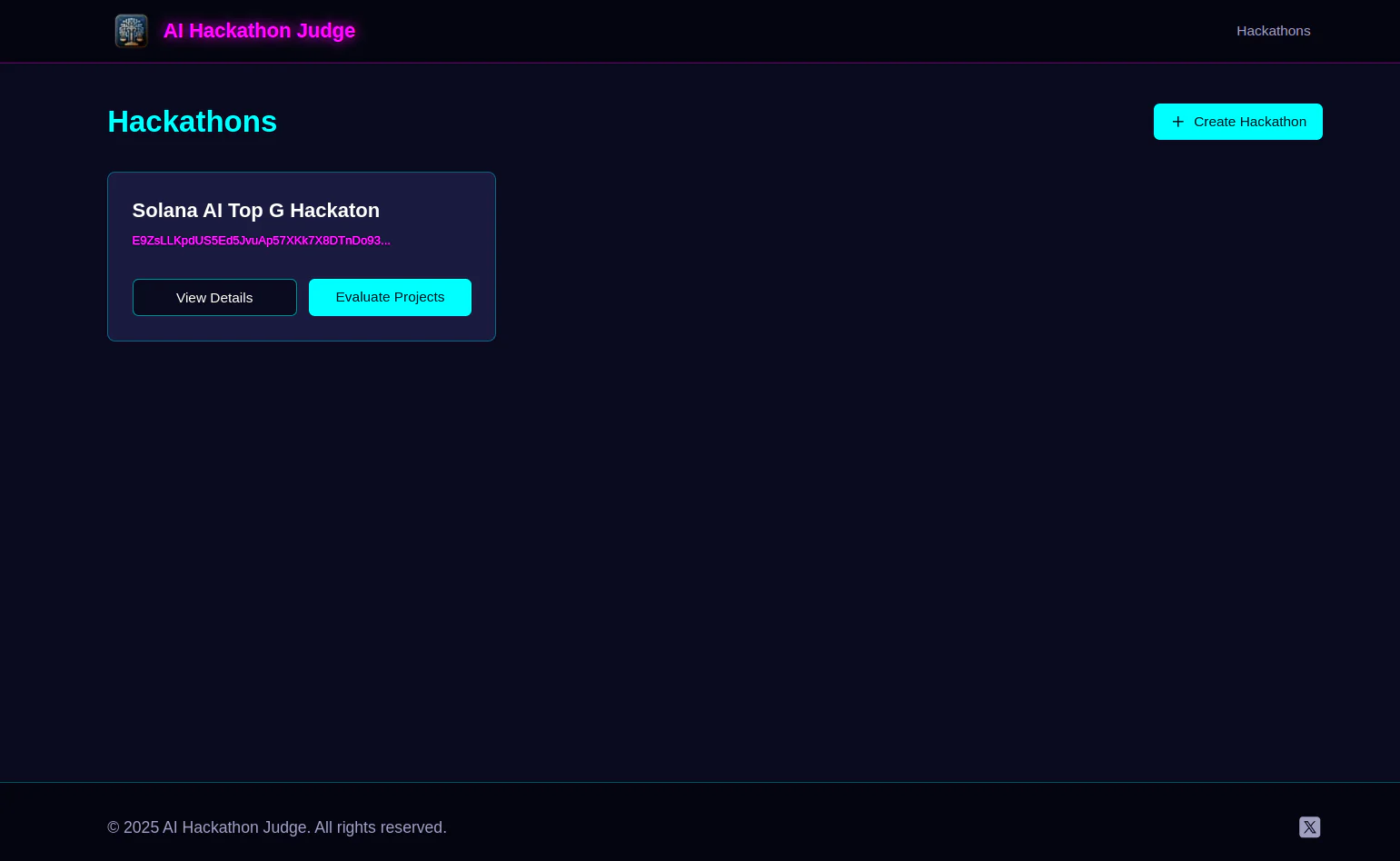 The hackathon list screen showing the Solana AI hackathon with options to view details or evaluate projects