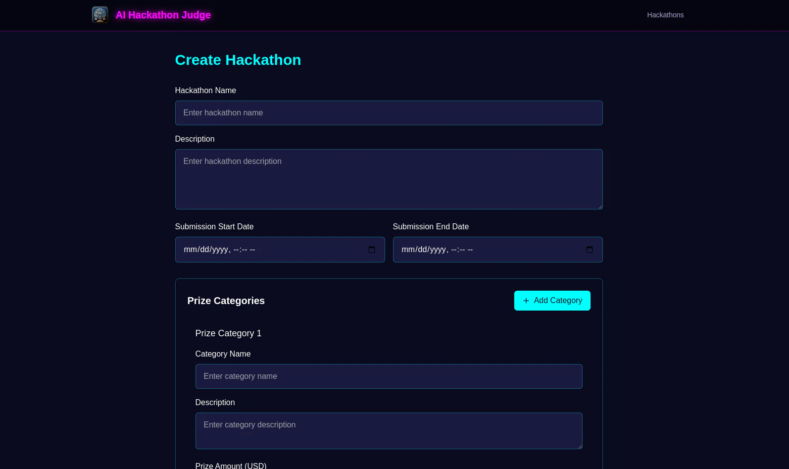 The create-hackathon form with fields for submission dates and prize categories