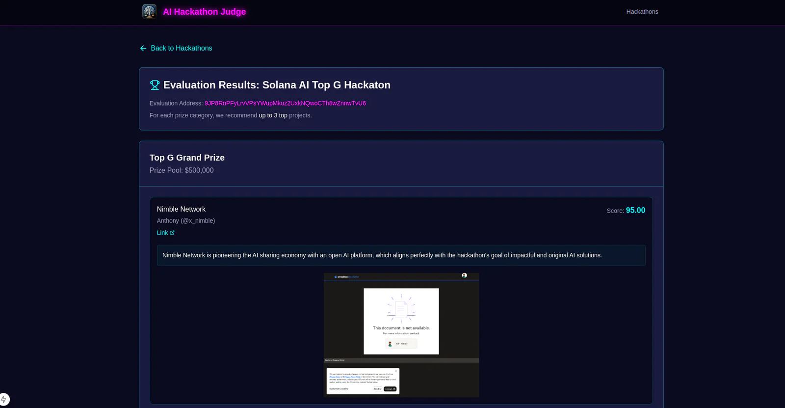 Evaluation results for the grand prize category showing a scored project with its written justification