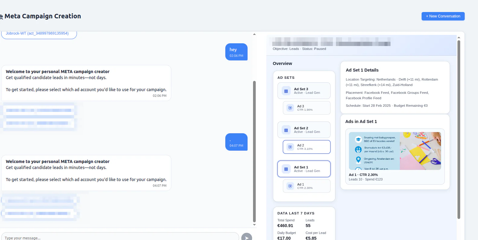 The Meta campaign creation chat where a recruiter picks an ad account, beside a panel of ad sets, creatives and seven-day performance