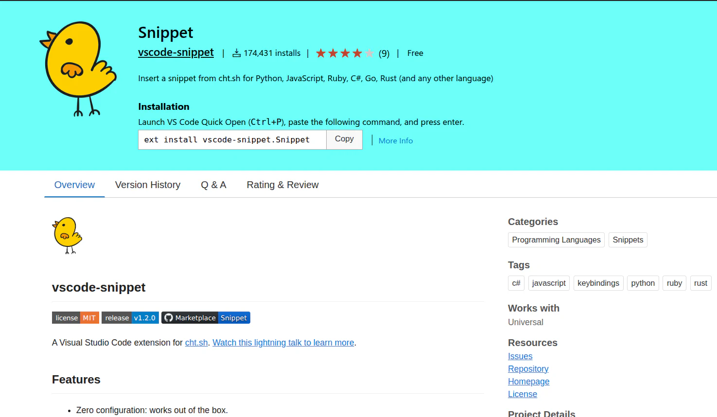 The vscode-snippet listing on the VS Code Marketplace showing 174,431 installs