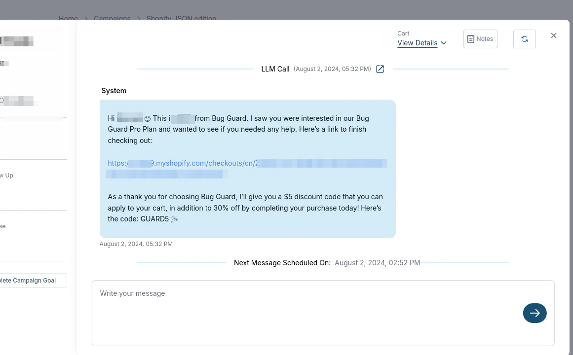 An SMS thread where the agent sends a customer a checkout link and a discount code for the plan they were interested in