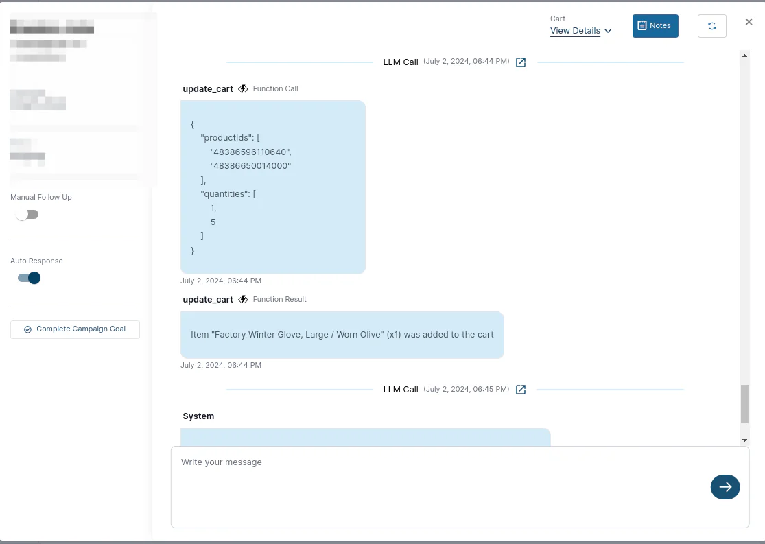 The update_cart tool call and its result, showing an item being added to the customer's live cart