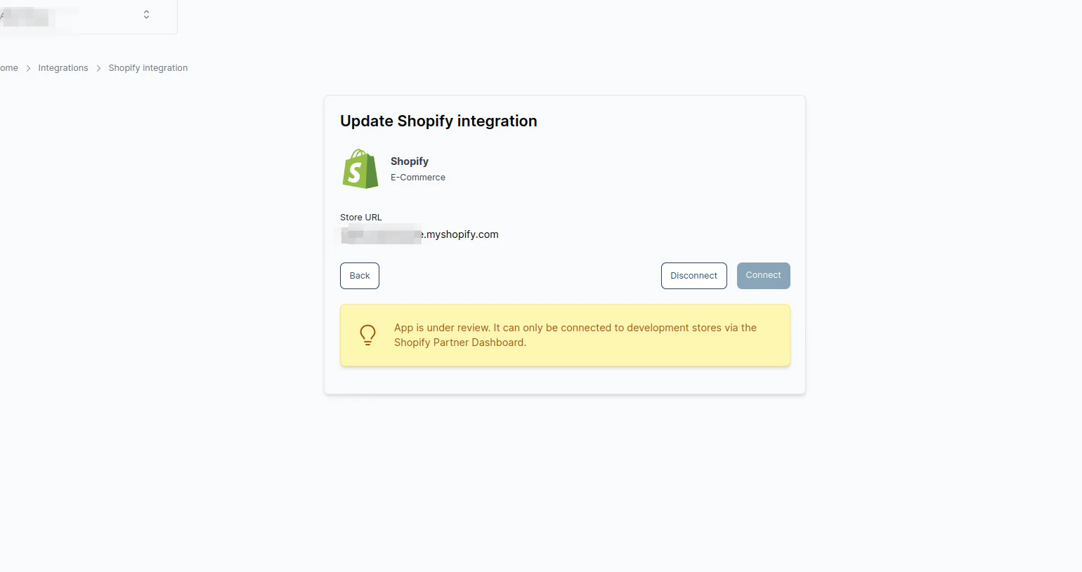 The Shopify integration screen connecting a store to the platform