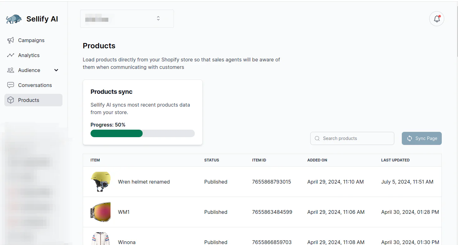 The products screen syncing the Shopify catalog so sales agents know the products when replying