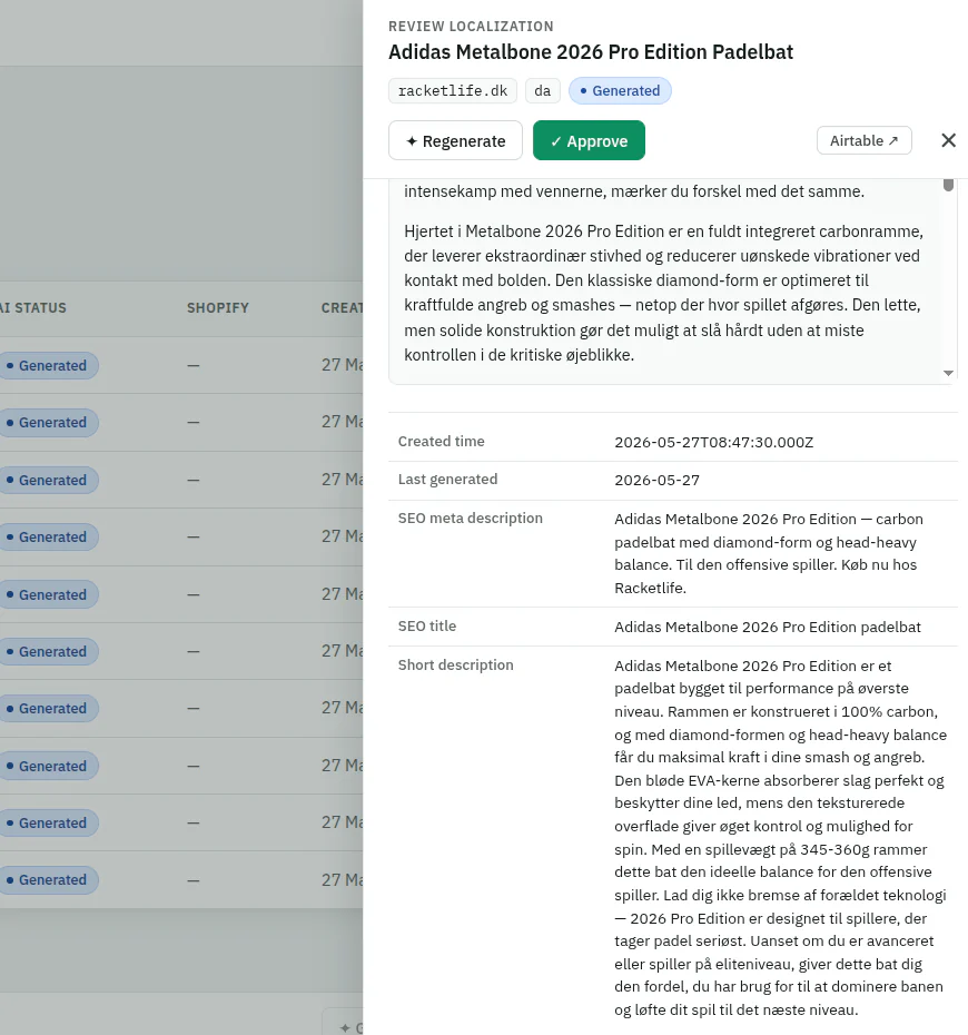 The review screen showing generated Danish product copy alongside the SEO title and meta description, with approve and regenerate buttons